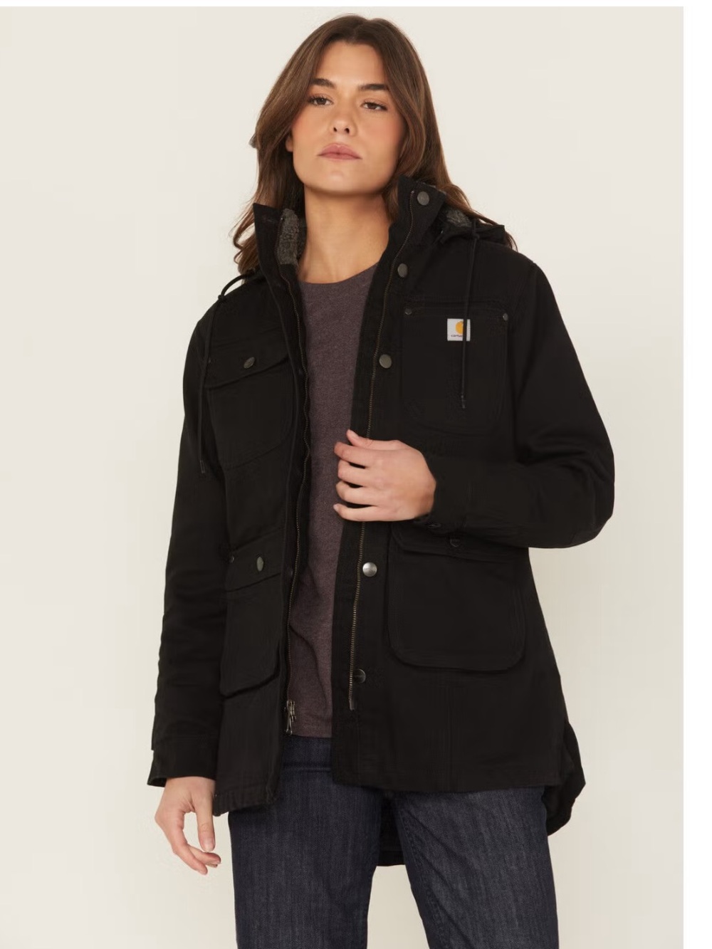 Carhartt Women's Loose Fit Duck Coat Black Hooded Utility Chore Jacket